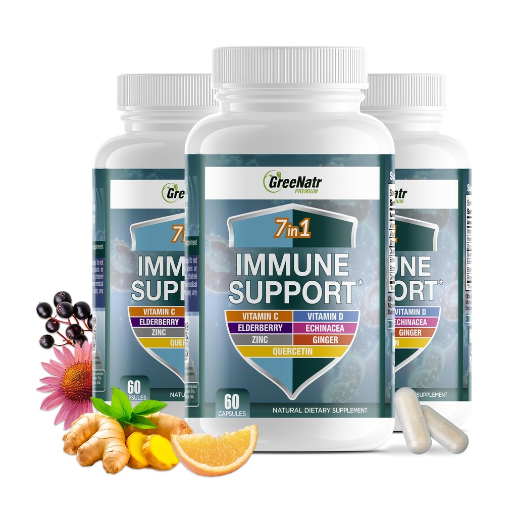 GreeNatr immunsupporttilskud med vitamin C, D3, Zink 50mg, Quercetin, Echinacea purpurea, Sambucus Elderberry og ingefær til komplet immunforsvar - 60 kapsler (3 flasker)