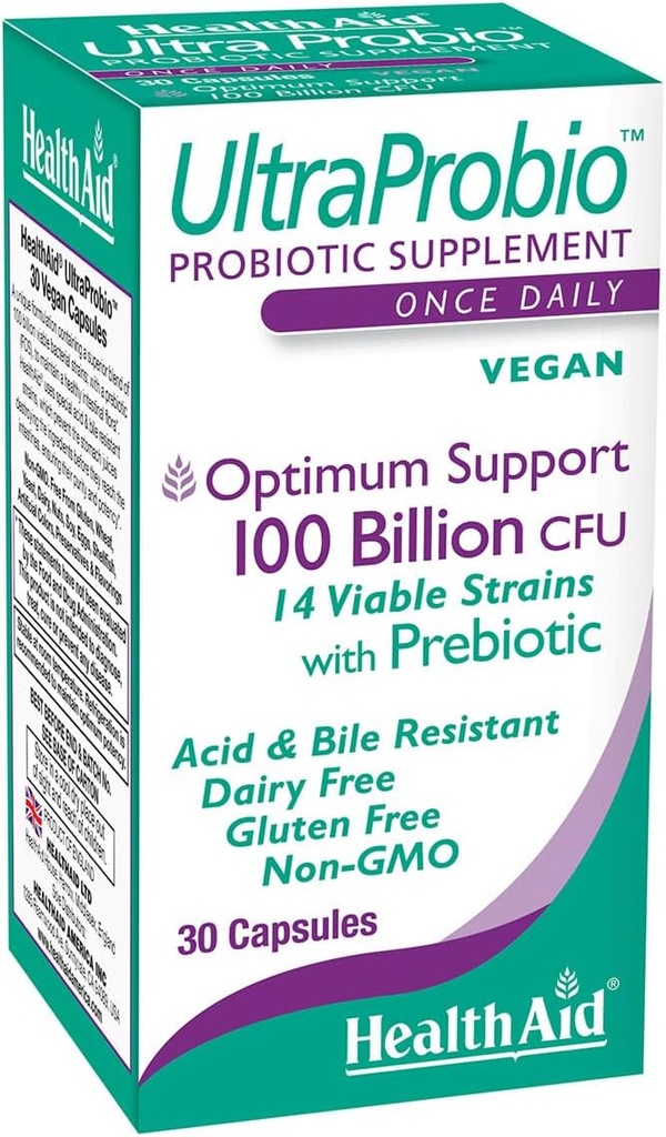 HealthAid UltraProbio, 100 milliarder 30ct En gang daglige kapsler, Optimum Support, 100 milliarder med Prebiotic, Acid & Bile resistent, Non- GMO