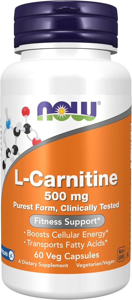Now Foods Supplements, L- Carnitin 500mg, Purest Form, Aminosyre, Fitness Support *, 60 Veg Kapsler