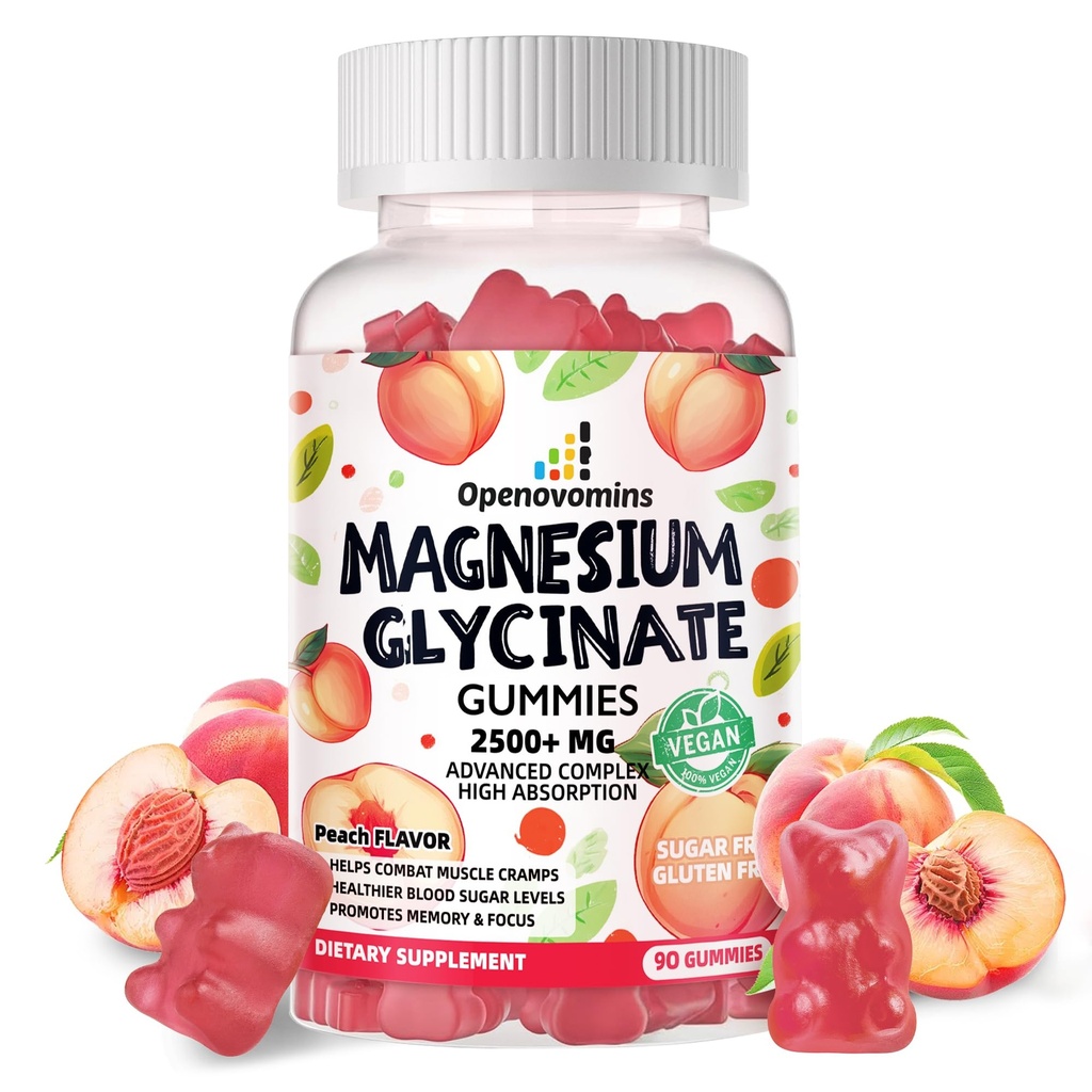 Magnesium Glycinat Gummies 2500mg - Sugar Free Magnesium Kalium Supplement med D-vitamin, B6, CoQ10 for Calm Mood & Sleep Support - 90 Peach Gummies