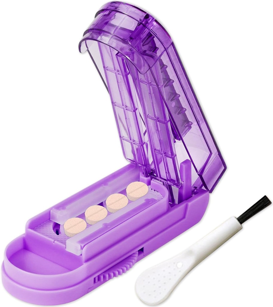 JohnBee Pill Cutter Splitter til små og små piller. Justerbar Pill Splitter præcist udskærer flere piller på én gang. Sharp Blade med sikkerhedsvagt. Non- Klip Silicone Edge (mørk lilla)