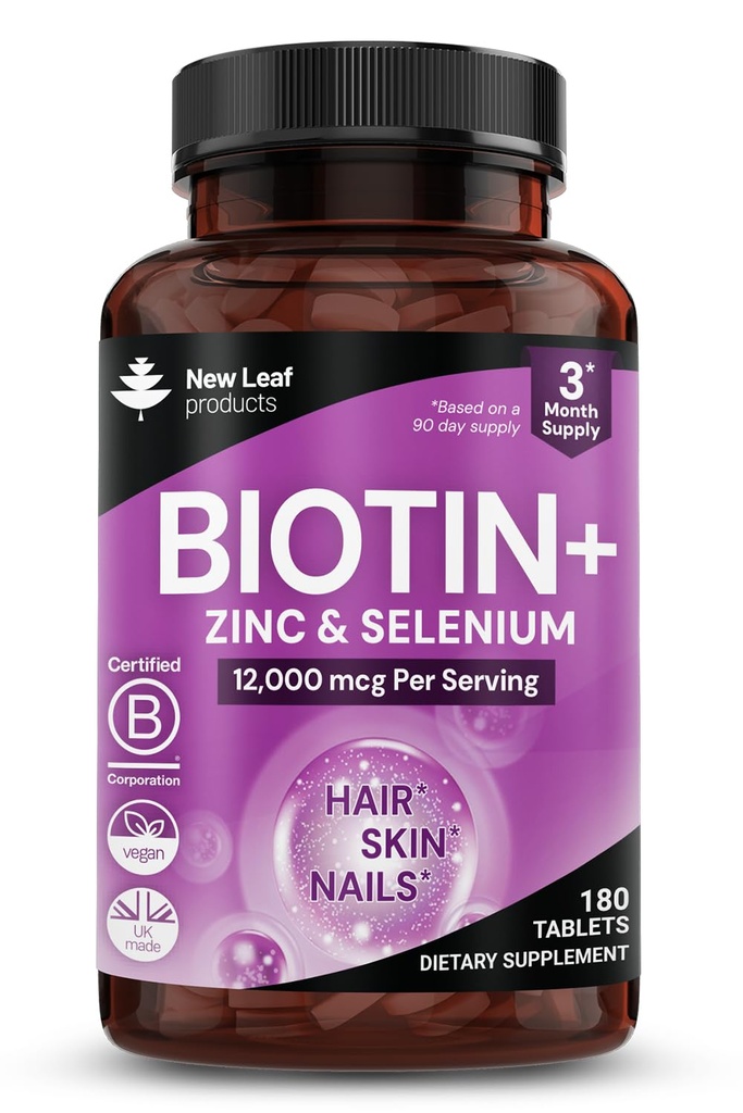Biotin hårvækst vitaminer 12000mcg høj styrke med kokos olie - fremmer sund hårhud & negle - Biotin vitaminer til kvinder & mænd Vegan, Gluten Free Supplements - Made in the UK by New Leaf