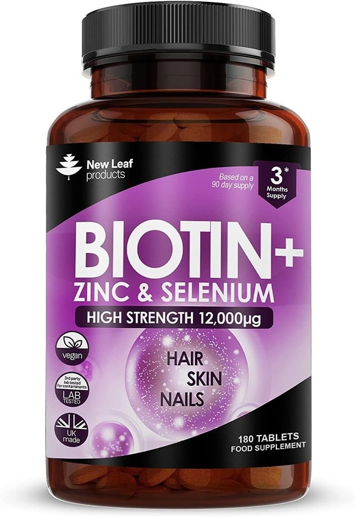 Biotin hårvækst vitaminer 12000mcg høj styrke med kokos olie - fremmer sund hårhud & negle - Biotin vitaminer til kvinder & mænd Vegan, Gluten Free Supplements - Made in the UK by New Leaf