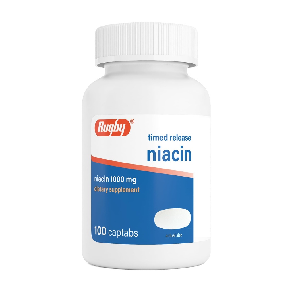 Rugby Time- Release Niacin 1000mg Kosttilskud til voksne for energi, kredsløb og stofskifte Support, 100 Captabs (pakning med 1)