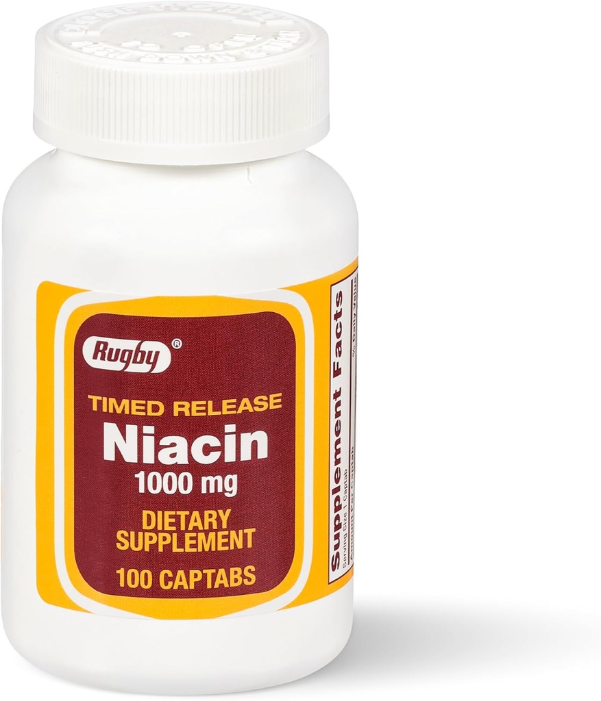 Rugby Time- Release Niacin 1000mg Kosttilskud til voksne for energi, kredsløb og stofskifte Support, 100 Captabs (pakning med 1)