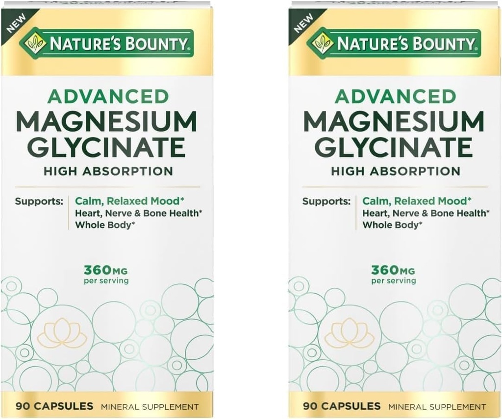 Nature 's Bounty High Absorption Magnesium Glycinate, Understøtter en rolig & afslappede Mood, Heart, Nerves, Muscle & Bone Health Support, 90 kapsler (pakke med 2)