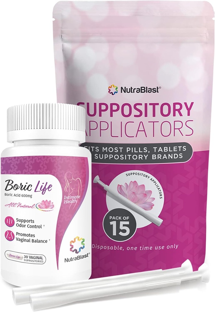 NutraBlast Boric Acid Vaginal Supposites 600mg Bundle med Applicator, 30 Supposites & 15 Applikators - Feminin Care - Made in USA