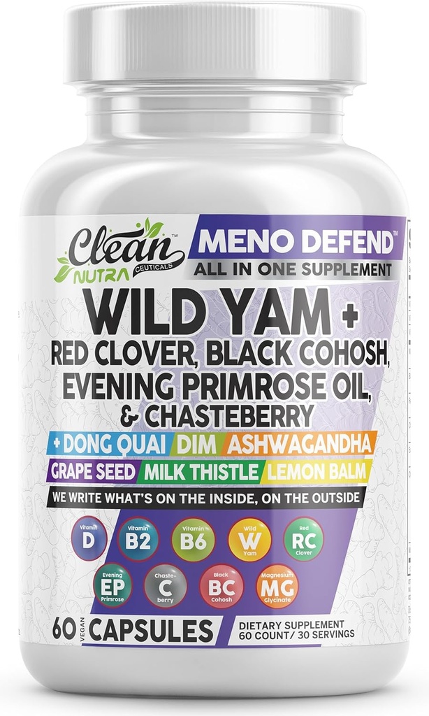 Clean Nutra Wild Yam Root Kapsler med Red Clover Black Cohosh Evening Primrose Oil Chasteberry Dong Quai DIM Ashwagandha Grape Seed Extract Milk Thistle Lemon Balm og mere Hormonbalance til kvinder
