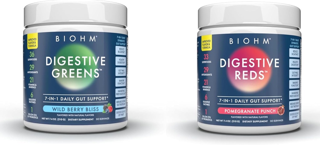 BIOHM Essential Bundle, fordøjelsessygdomme og grønne, Superfood Powder, Antioxidanter, Vitaminer, Probiotika, fordøjelsessygdomme for mænd og kvinder, fordøjelse tillæg med enzymer, 30 Servere hver