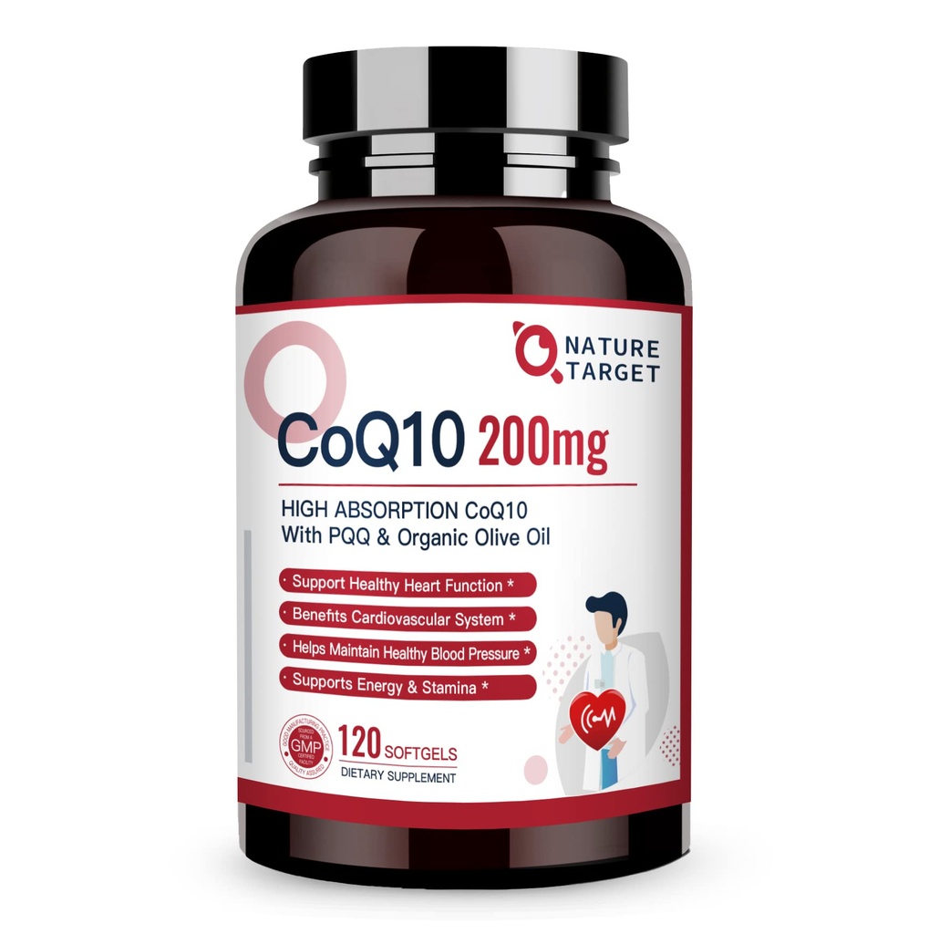 NATUR TARGET CoQ10- 200mg- Softgels + PQQ med Organic- Olie- Oil - High Absorption- Coenzyme- Q10 - Antioxidant- for- Heart- Health and immun Support, Energy Production, 120 Servere