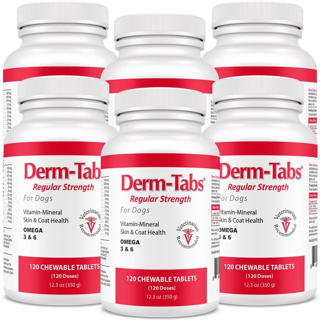 Derm Tabs Regelmæssig Styrke til hunde - Natural Oil, Vitaminer, Mineraler, og Antioxidanter - Support Sund Hud og Reducere Shedding - 720 tyggetabletter