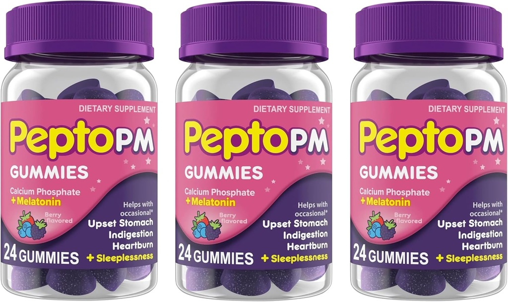 Pepto PM Gummies med Melatonin til sovestøtte, Hurtig og effektiv fordøjelseslindring fra Heartburn, fordøjelsesbesvær, opsat mave og søvnløshed - Berry Flavor, 24 Ct (pakke med 3)
