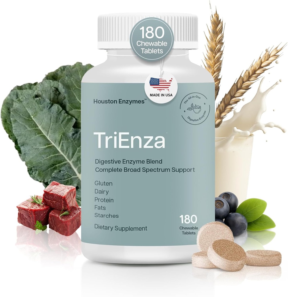Houston Enzymes TriEnza - fordøjelsesenzymer supplement til gluten, casein, soja, proteiner, kulhydrater, fedtstoffer & polyphenoler - fordøjelsesenzymer til kvinder og mænd (180 tyggetabletter)