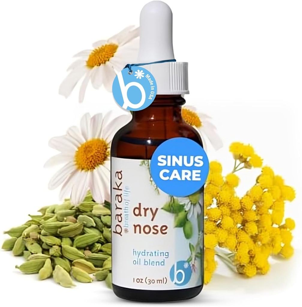 Baraka Dry Nose Nasal Oil - Organic Essential Oliils (Cardamom, Everlast, German & Roman Chamomile) in Sesame Oil Base - Hydrating Nose Moisturizer for Dry Sinuses - 1 Pack (1 oz Dropper Flaske)