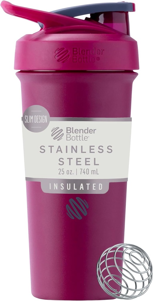 BlenderFlaske Sport Sleek Isoleret rustfrit stål Rykker Flaske med Wire Whisk, 25 -Ounce, Hindbær - Protein Shakes & Hydration for Atleter & Fitness Entuaster, Easy Mixing, Slim Easy to Hold, Holder Dricks Cold, Lockable Lid