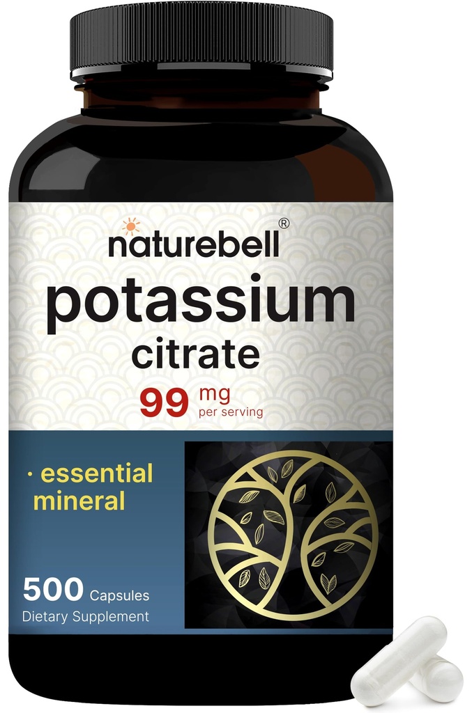 Kaliumcitrat Supplement 99mg, 500 Kapsler; Nemt Absorberet Chelated Form - Essential Mineral Electrolyte Balance - Understøtter muskel, ben, & hjerte sundhed - ikke-GMO