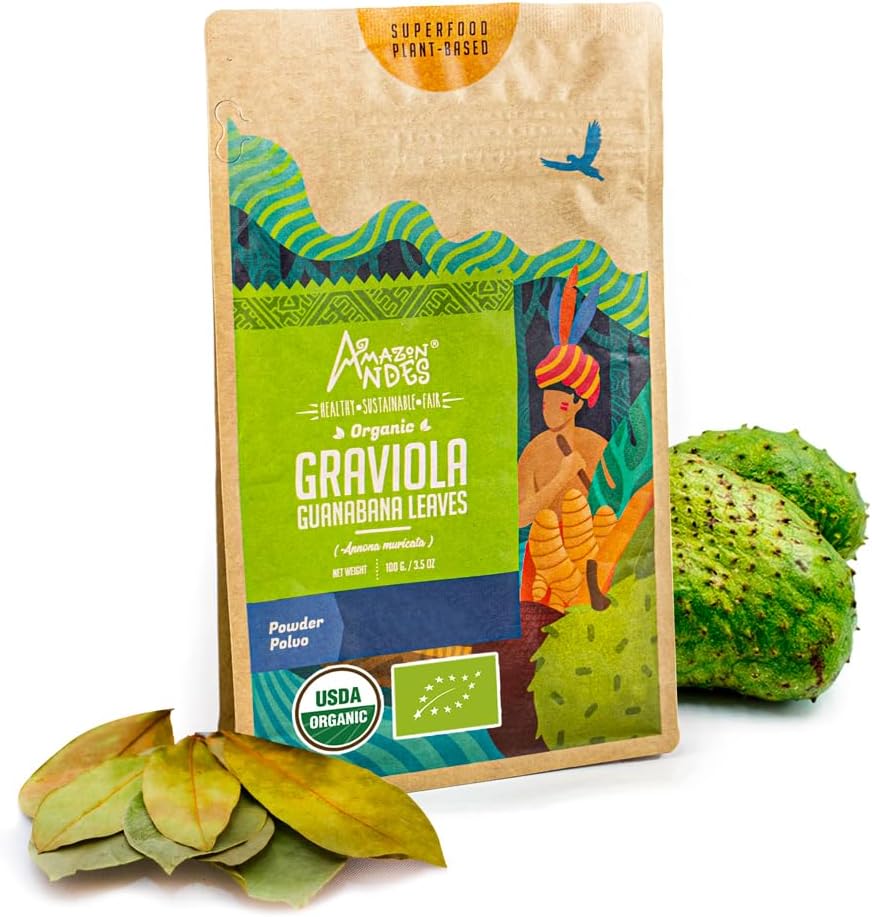 Andes Graviola Leaves Powder Anonna muricata - Rich in Vitamin C & Fibers - Immunsystemet Stimulant - USDA NOP supplement - Soursop - Gluten Free, Vegan, & Non GMO - 100gm / 3.5oz (20 Servering)