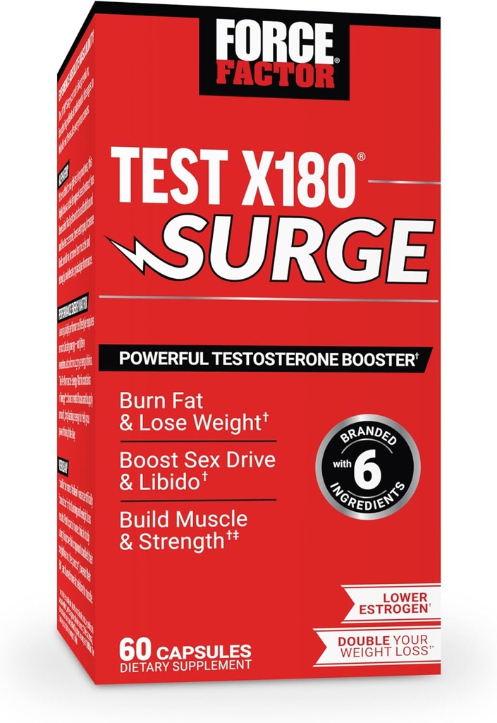 Force Factor Test X180 Surge Testosteron Support til mænd, Mand Vitality Enhancing supplement, Promote Muscle & Strength, Support Weight, Boost Long- Lasting Energy, 60 Kapsler