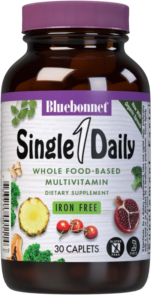 Bluebonnet Nutrition Super Earth * Single Daily * Multiple (Iron Free), for Daily Nutritional Support *, Gluten- Free, Kosher Certified, Dairy Free, Vegetarisk Friendly, 30 Caplets, 30 Servere