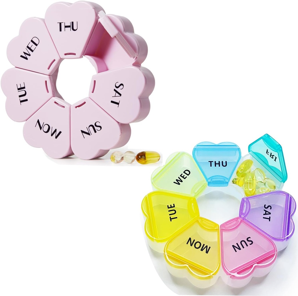 MOLN HYMY Cute Weekly Pill Box 7 Day, Heart Shaped Pill Case Organizer 1 gang om dagen, Lilla Pink Pill Container Når dagligt, Stor medicin dispenser for vitamin / fisk olie / medicin / kosttilskud