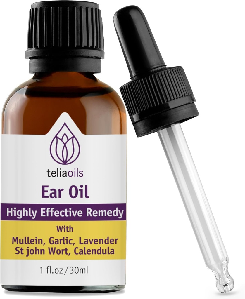 Teliaoils Natural Ear Drops Essential Oil med hvidløg og Mullein - Urte Ear Oil Remedy for Easy Earwax Remote, Diskomfort & Ringing Relief - Natural Lindring, Deep Cleansing Egenskaber - 1 oz.