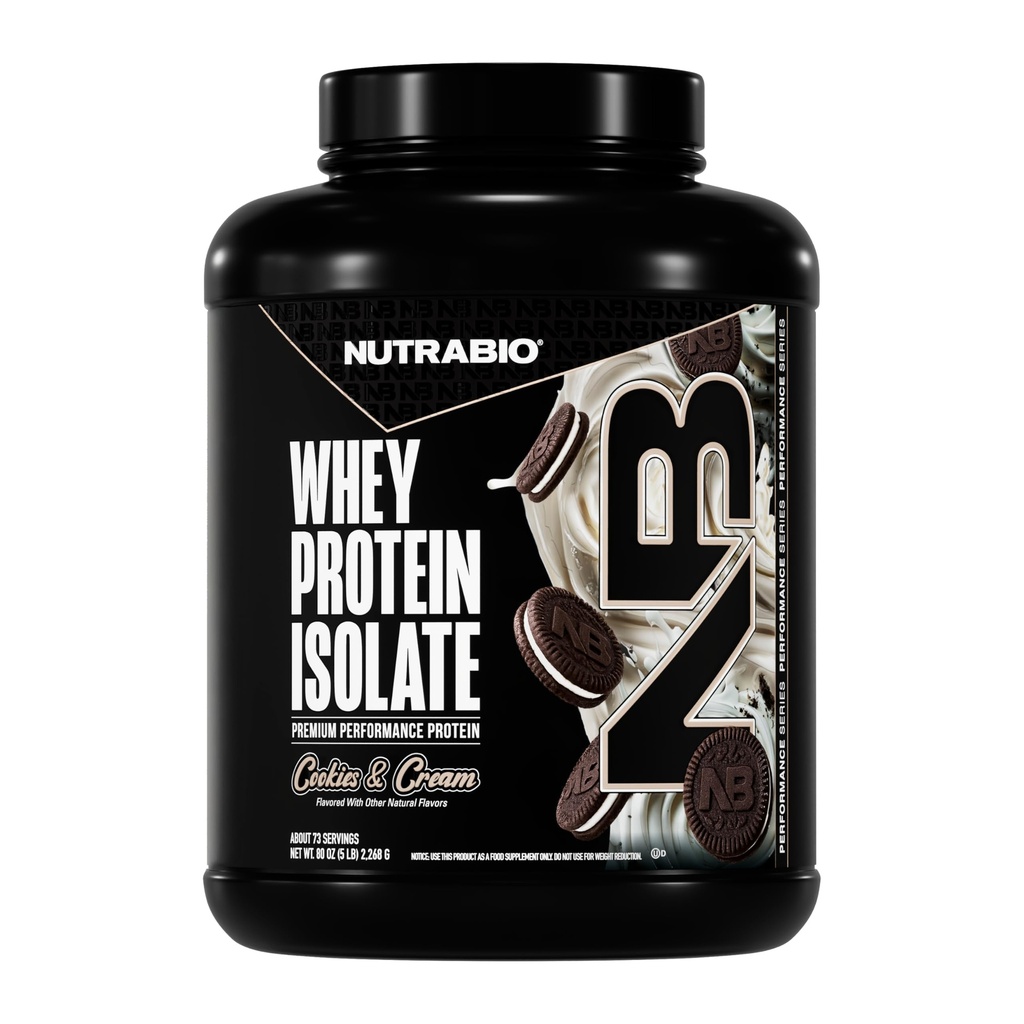 NutraBio 100% Whey Protein Isolate Protein Powder, 25g Protein med komplet Aminosyreprofil, Soja og Gluten Free, Lav Carb og Lav Calorie Whey Protein Powder, Cookies & Cream, 5 Lbs.