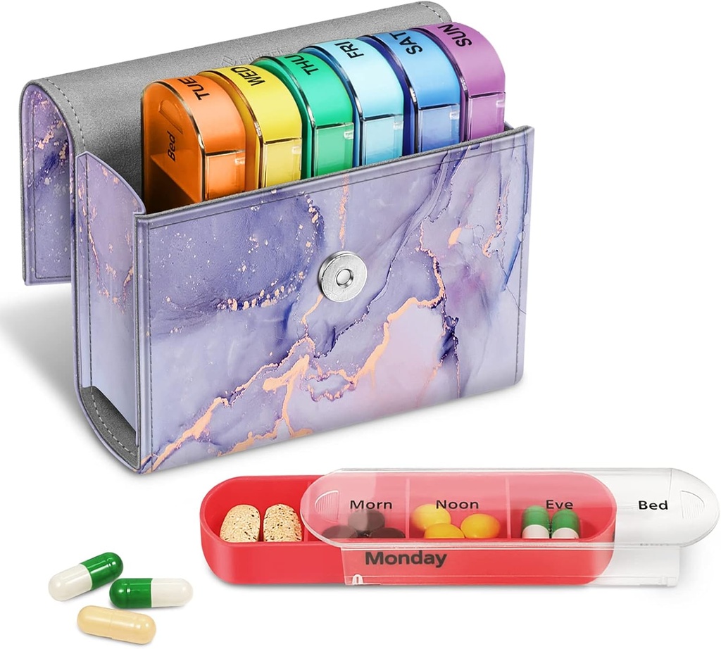 FINPAC Weekly Pill Arrangører 4 gange om dagen, Slide Open PU læder sag Rejse Pill Vitamin Medicine Reminder og Planner med navn Card for Morning Medicine 124; Eftermiddag Medicine 124; Aften Medicine 124; Sengetid (Lilac Marble)