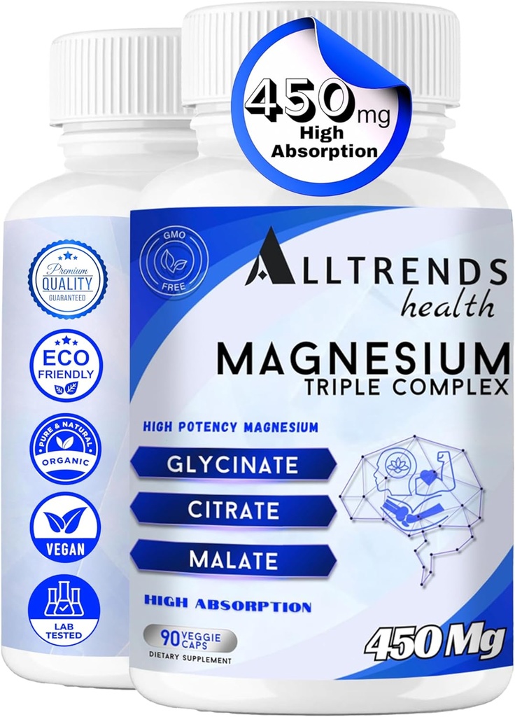 Triple Magnesium Complex 124; High Potency Magnesium 450mg Magnesium Glycinat, Malat & Citrate; High Absorption; 124; Non- GMO, Gluten Free, Soy Free, Vegan Glycinat 124; 90 Kapsler.