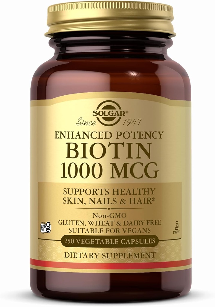 Solgar Biotin 1000 mcg - 250 Vegetabilske kapsler - Understøtter sund hud, negle og hår - Non-GMO, Vegan, Gluten Free, Dairy Free, Kosher - 250 Servere