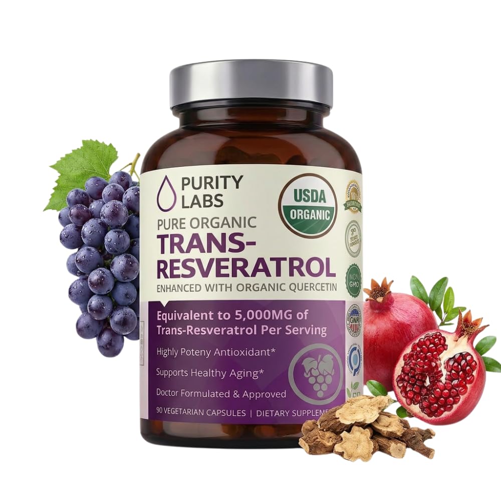 Renhed Labs Pure Organic Trans Resveratrol tillæg med Quercetin, Vegan Antioxidant Nutritional Kosttilskud til hjerte, hud, hår, negle; Sourced fra japansk Knotweed Medic124; 90 Kapsler