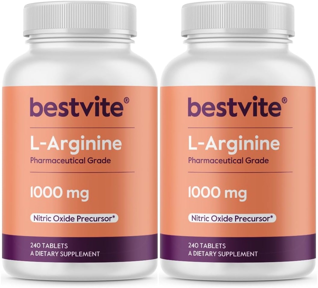 BESTVITE L- arginin 1000 mg per tablet (480 tabletter) (240 x 2) - Farmaceutisk Grade - Indeholder 20% mere ren arginin sammenlignet med arginin HCl - nitrogenoxid prækursor *