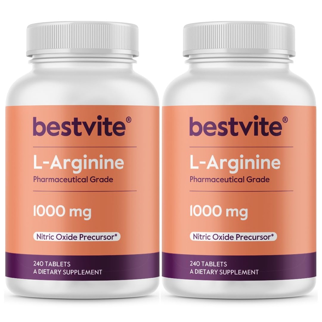 BESTVITE L- arginin 1000 mg per tablet (480 tabletter) (240 x 2) - Farmaceutisk Grade - Indeholder 20% mere ren arginin sammenlignet med arginin HCl - nitrogenoxid prækursor *
