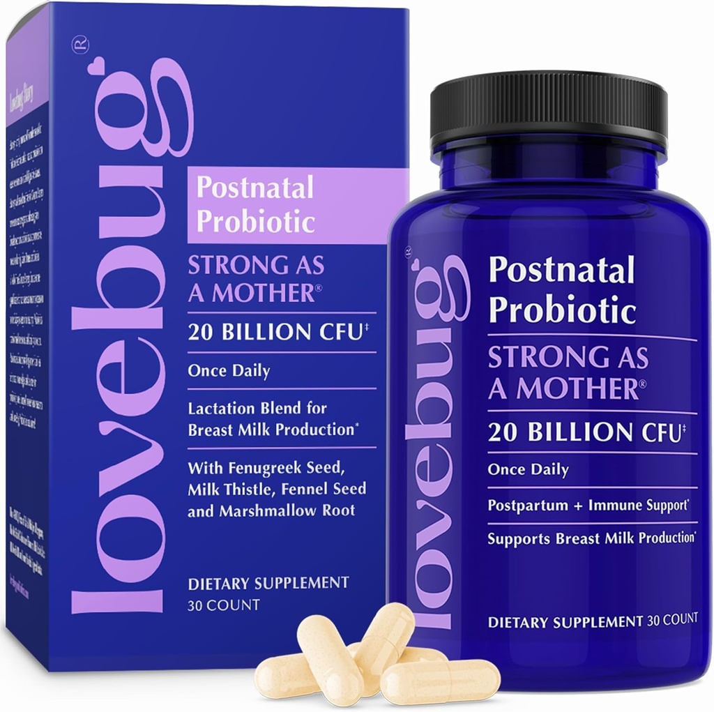 Lovebug Postnatal Probiotika - 20 Millioner CFU 'er Multi Strain til Amning - med Fenugreek, Milk Thistle & Fennel, Understøtter Breast Milk & Gut Sundhed, Postpartum Essentials, 30 Kapsler