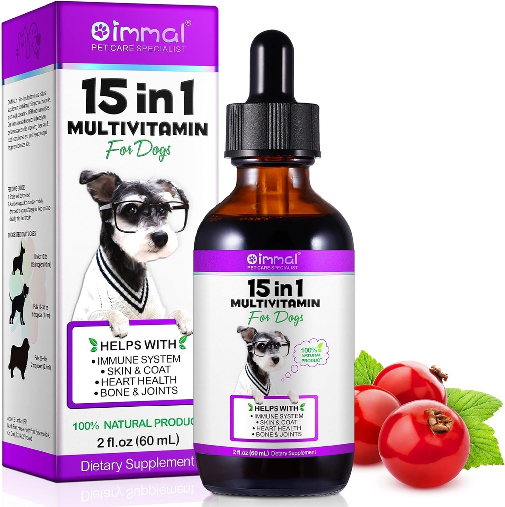 15 i 1 Hund Multivitamin, All- in- One Multi Liquid Multivitamin til hunde, Hundevitaminer og tillæg med fordøjelsesbesvær, Immunitet, Allergi Hud & Coat Support, Hip & fælles, Alle aldre, Races 2 oz