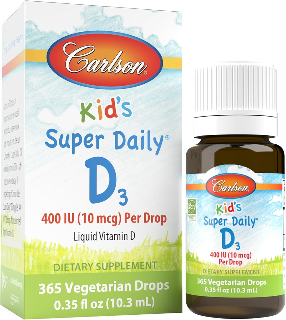 Carlson - Kid 's Super Daily D3, D-vitamin dråber til børn, 400 IE per dråbe, 1-år Supply, hjerte & immunforsvar, Vegetarisk, flydende D-vitamin dråber, Unflavored, 365 dråber
