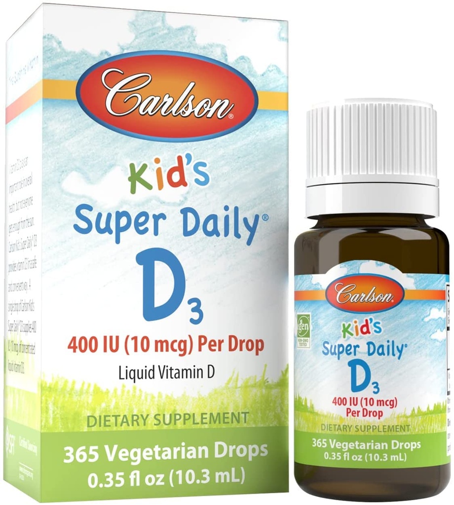 Carlson - Kid 's Super Daily D3, D-vitamin dråber til børn, 400 IE per dråbe, 1-år Supply, hjerte & immunforsvar, Vegetarisk, flydende D-vitamin dråber, Unflavored, 365 dråber
