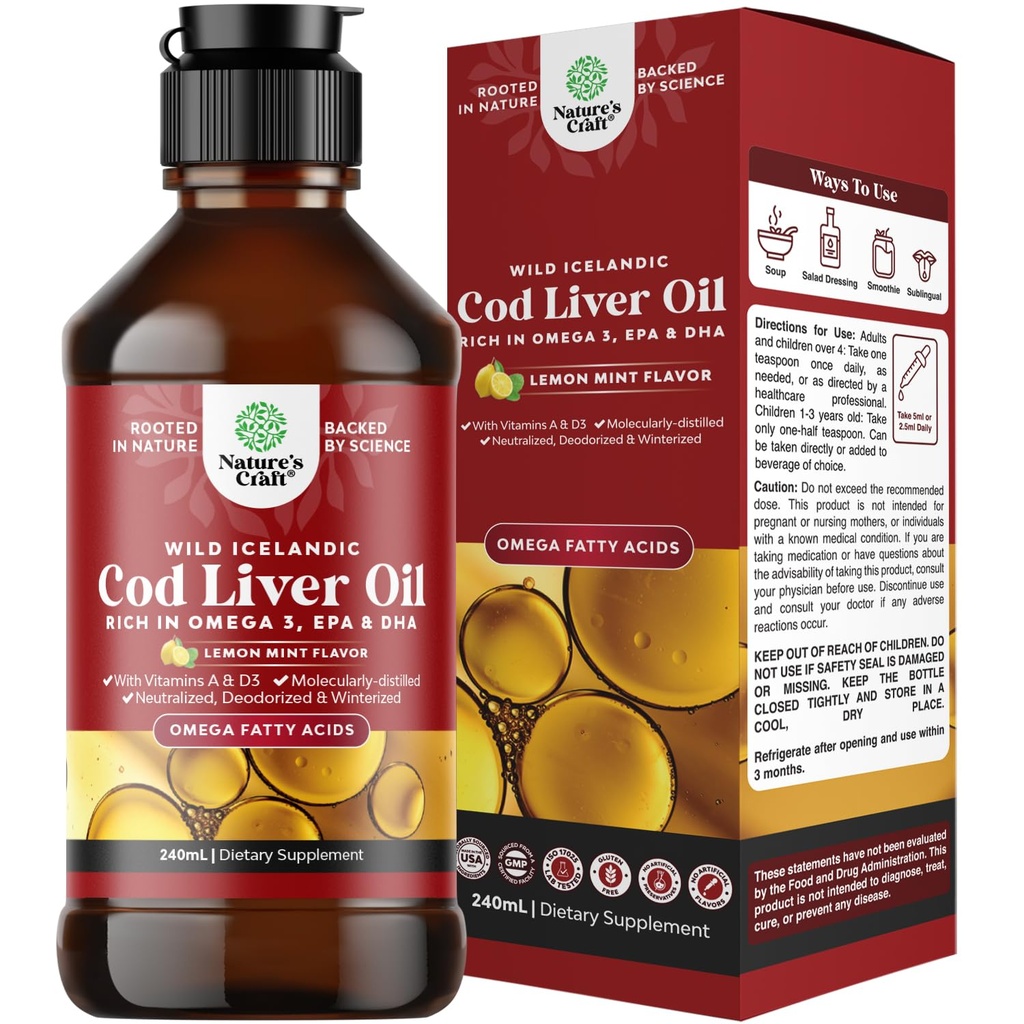 Islandsk Wild fanget cod lever olie væske - fisk olie dråber med Omega 3, EPA, DHA, D-vitamin & A - flydende cod lever supplement til hjerte, fælles, hjerne & immunforsvar - 240 ml (8 Ounce)