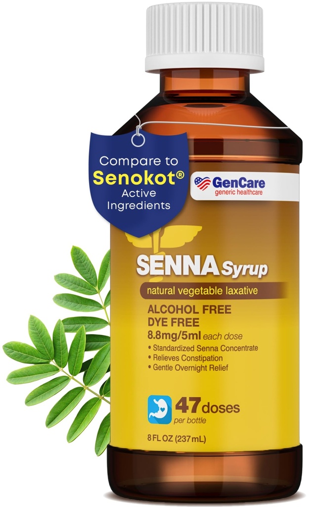 GenCare - Senna Syrup Flydende Laxative (8 Fl Oz flaske) Alle naturlige vegetabilske sennesider Active Measureent 124; Let at synke Forstoppelse Relief for voksne og børn 12 og ældre Measure124; Bedste Værdi størrelse