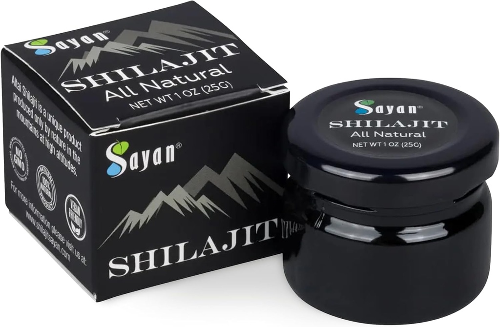 Sayan Pure Shilajit Resin 1oz / 25g, Glas Jar, 250 Servere - Potent Organic Fulvic Acid Supplement - Understøtter immunsystem, hukommelse, fokus og leverer naturlig energi, Detox - Vegan, Non- GMO