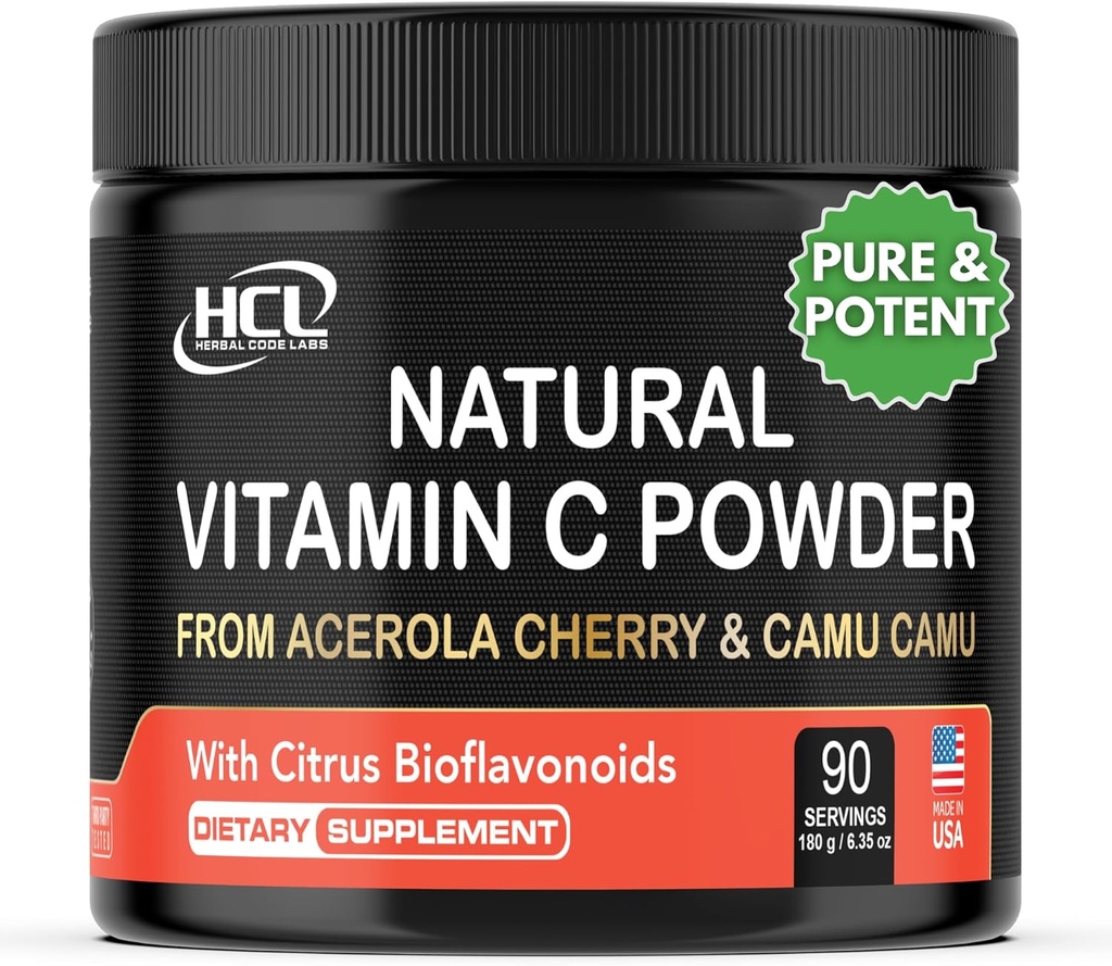 Naturligt C-vitamin fra Acerola Cherry & Camu Camu Powder - Høj Absorption med Citrus Bioflavonoider - Immunsystemet & Collagen Booster - Anti Aging Skin Vitaminer Lavet i USA 90 portioner