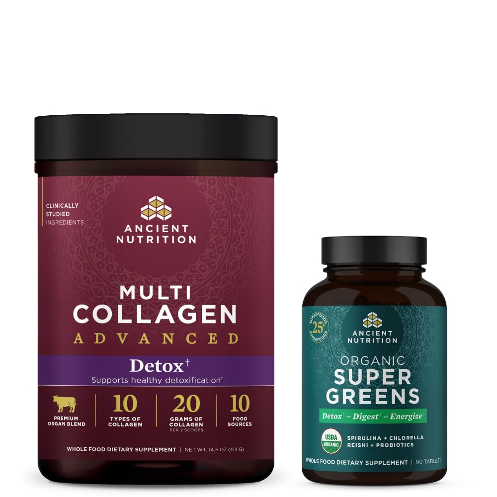 Ancient Nutrition Multi Collagen Advanced Powder Cleanse & Detox, Unflavored, 36 Servere + Organic Super Green Tablet 90 Greve