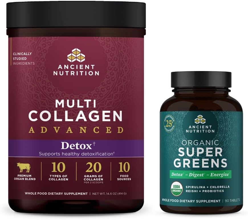 Ancient Nutrition Multi Collagen Advanced Powder Cleanse & Detox, Unflavored, 36 Servere + Organic Super Green Tablet 90 Greve