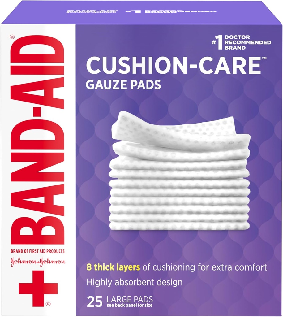 Band- Aid Brand Absorbent Cushion Care Steril Square Gauze Pads til førstehjælp Beskyttelse af mindre cuts, Scrapes & Burns, Non- Adhesive, Sårpleje Pads, Stor, 4 i x 4 i, 25 ct