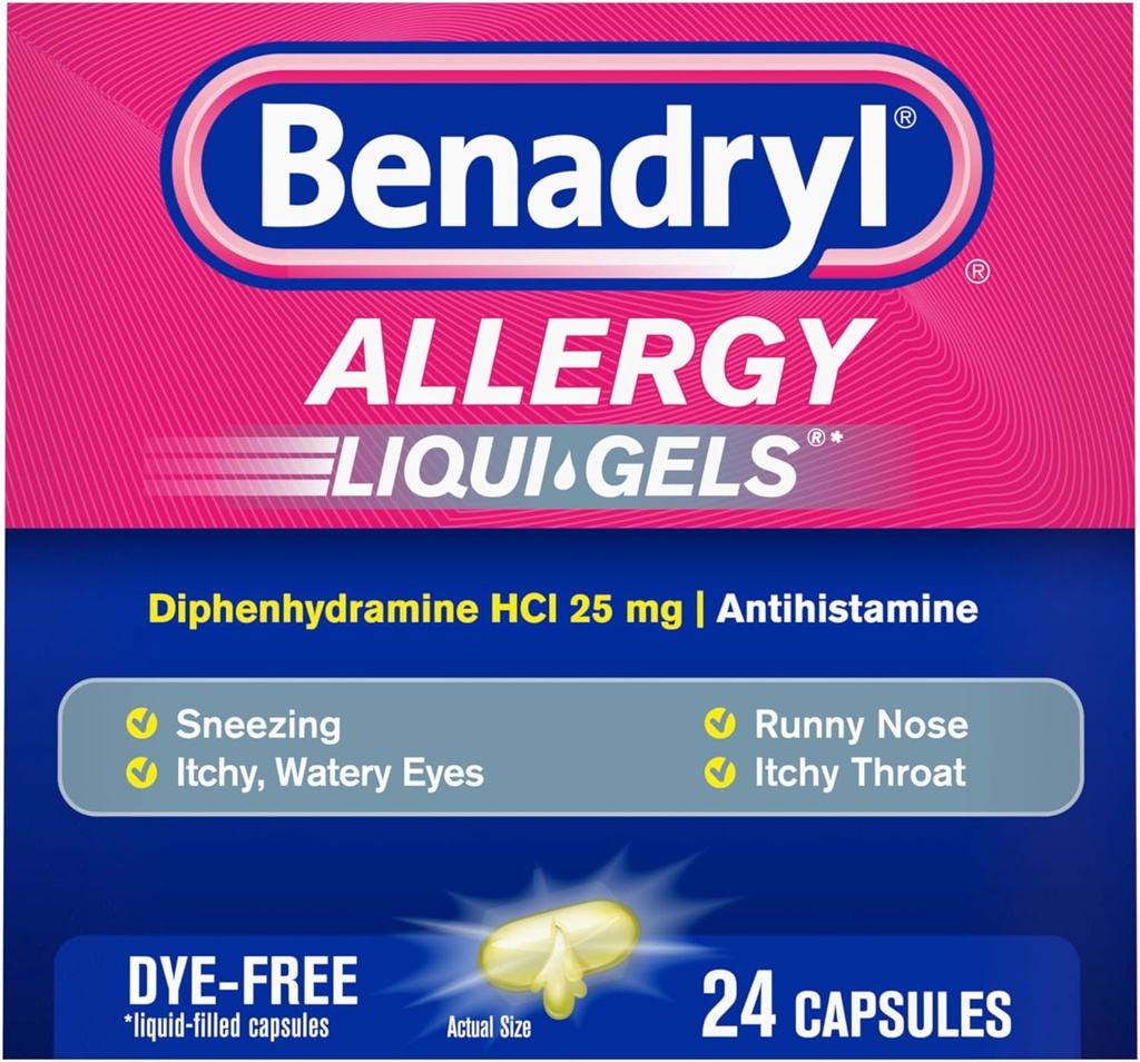 Benadryl Liqui- Gels Allergi Medicin, Farvefri Væske Gel Kapsler med 25 mg Diphenhydramin HCl Antihistamin til lindring af Allergi & Kolde Symptomer som Runny Næse & Nysen, 24 ng
