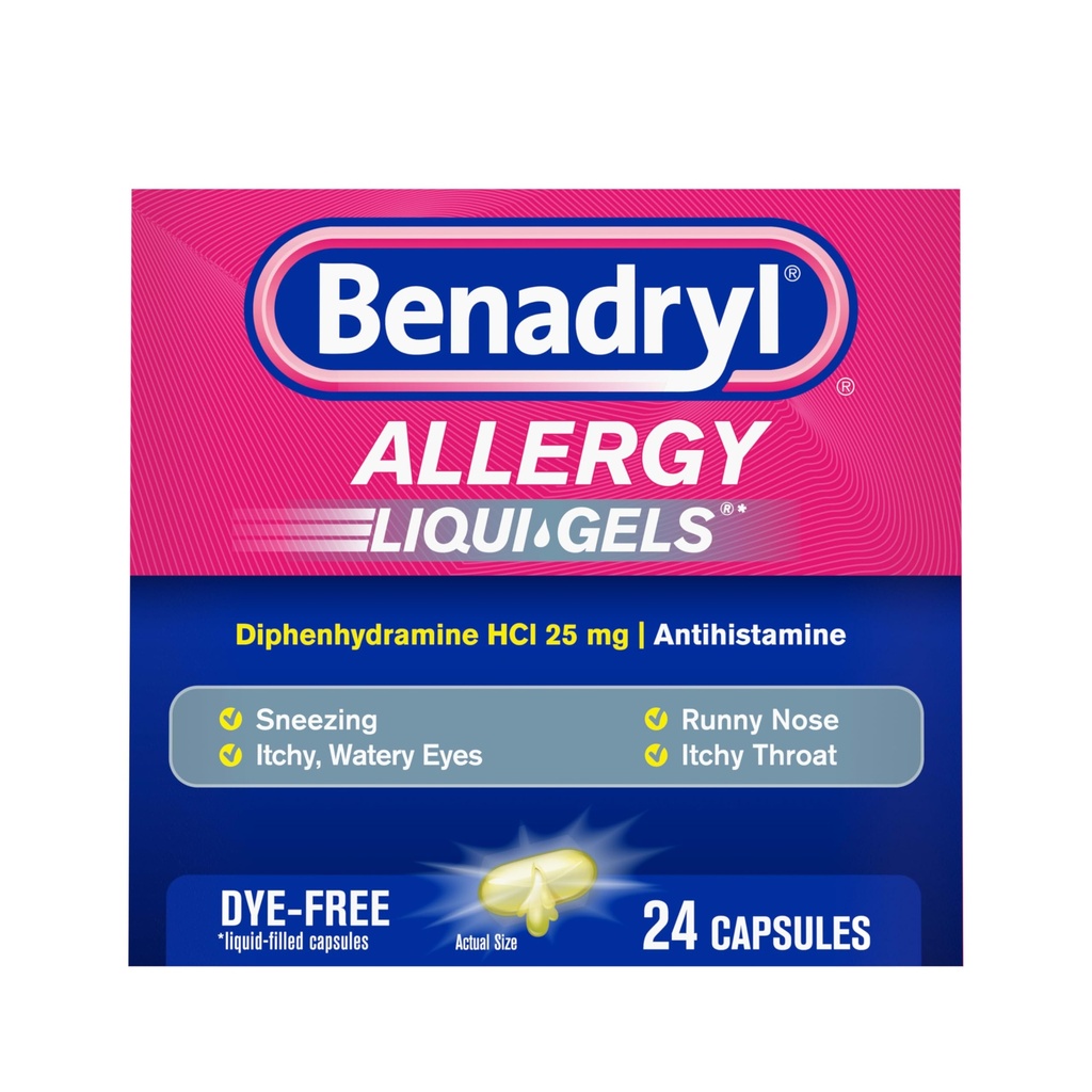 Benadryl Liqui- Gels Allergi Medicin, Farvefri Væske Gel Kapsler med 25 mg Diphenhydramin HCl Antihistamin til lindring af Allergi & Kolde Symptomer som Runny Næse & Nysen, 24 ng