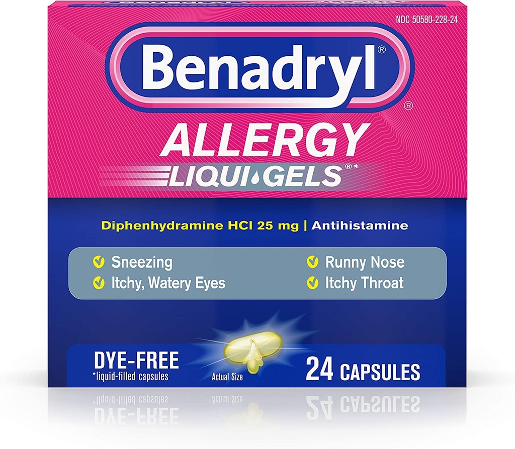 Benadryl Liqui- Gels Allergi Medicin, Farvefri Væske Gel Kapsler med 25 mg Diphenhydramin HCl Antihistamin til lindring af Allergi & Kolde Symptomer som Runny Næse & Nysen, 24 ng