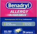 Benadryl Liqui- Gels Allergi Medicin, Farvefri Væske Gel Kapsler med 25 mg Diphenhydramin HCl Antihistamin til lindring af Allergi & Kolde Symptomer som Runny Næse & Nysen, 24 ng