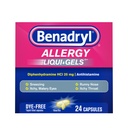Benadryl Liqui- Gels Allergi Medicin, Farvefri Væske Gel Kapsler med 25 mg Diphenhydramin HCl Antihistamin til lindring af Allergi & Kolde Symptomer som Runny Næse & Nysen, 24 ng