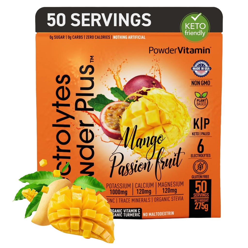 PowderVitamin Electrolytes Powder Plus (50 Servere) Mango Passionfruit Electrolyte Powder Zero Calorie Keto, 0 Sugar, No Maltodextrin, 1000mg Kalium, 120mg Calcium, 120mg Magnesium, Hydrationspulver