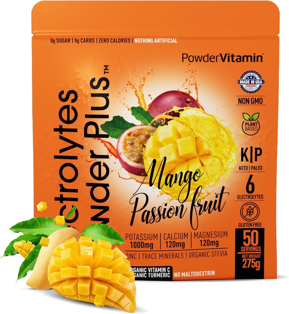 PowderVitamin Electrolytes Powder Plus (50 Servere) Mango Passionfruit Electrolyte Powder Zero Calorie Keto, 0 Sugar, No Maltodextrin, 1000mg Kalium, 120mg Calcium, 120mg Magnesium, Hydrationspulver